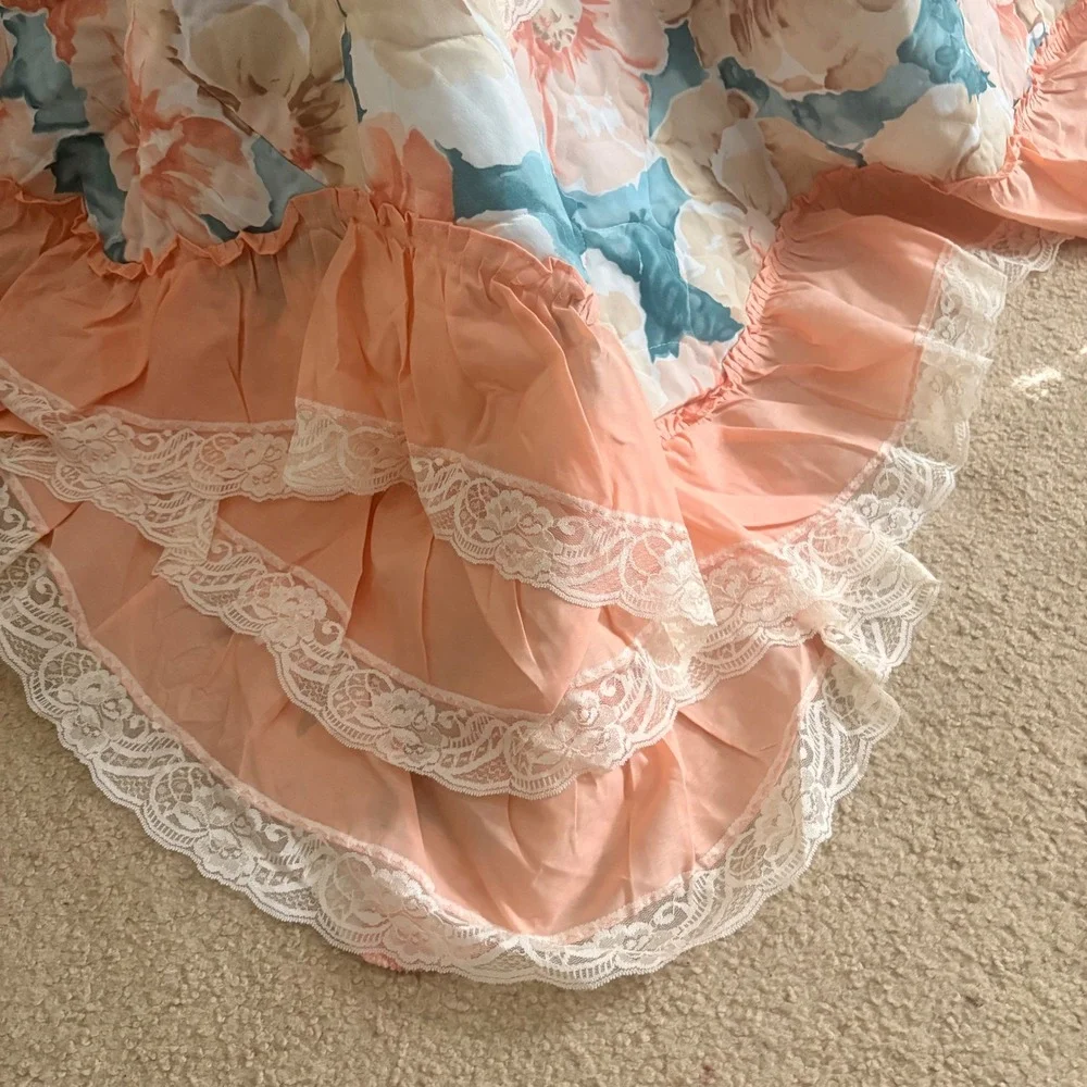 Vintage 80s Oxford Drapery Floral Ruffled King Bedspread Lace Trim 3pc Set